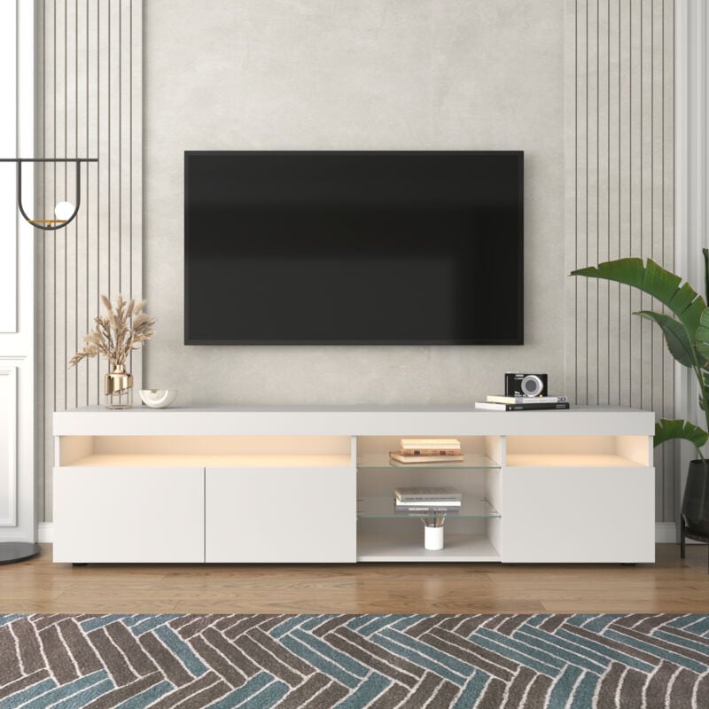 Meuble tv Moderne 180 x 35 x 45 cm avec 3 Portes et bande led coloré, mdf, Blanc