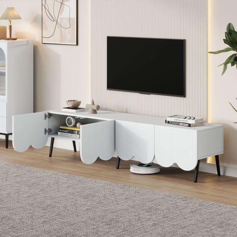 Meuble tv moderne - 180 x 40 x 45 cm, pour téléviseur jusqu'à 80 pouces, 4 portes et passe-câbles, blanc
