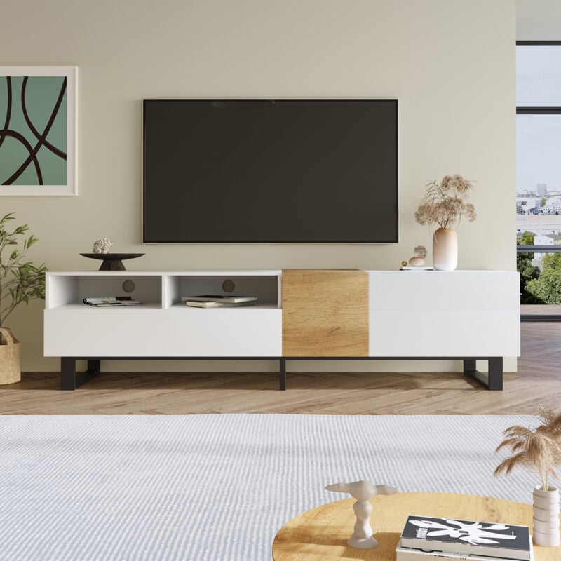Meuble tv moderne 180 x 50 x 38 cm, aspect blanc et bois, 2 tiroirs, plusieurs espaces de rangement, design minimaliste