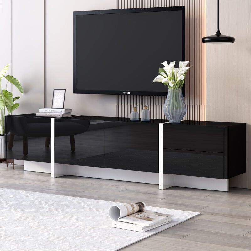 Modernluxe - Meuble tv moderne 190cm avec 3 portes et 2 tiroirs - Blanc noir & Blanc