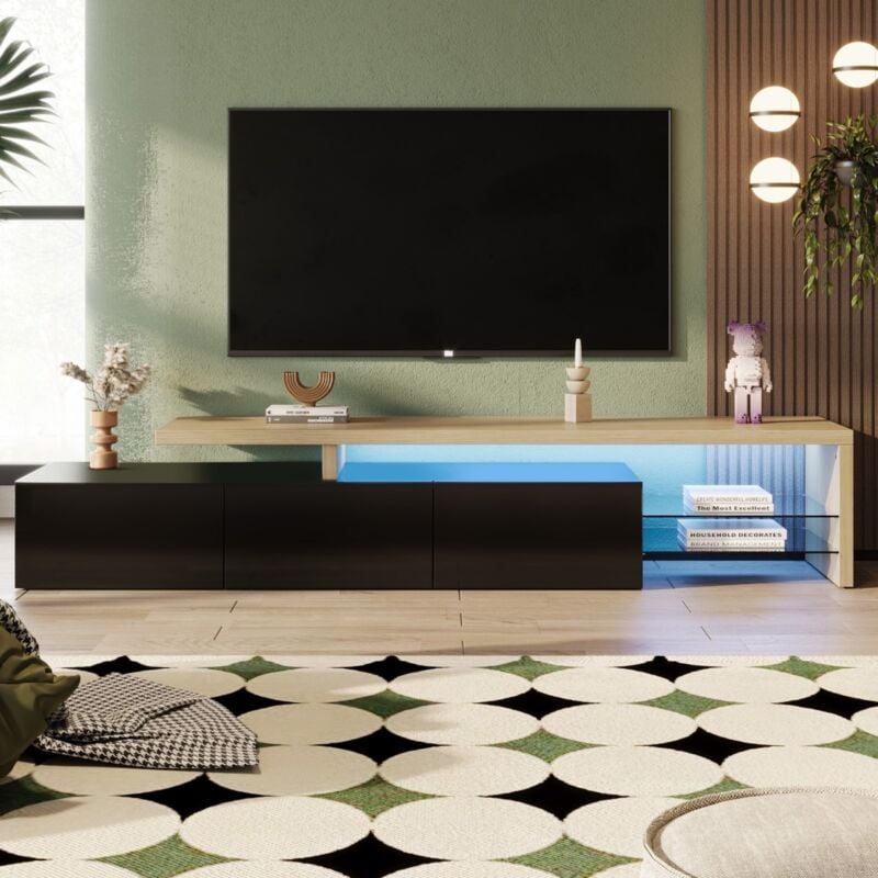 Meuble tv moderne 200 cm, avec lumière led variable, avec 3 portes et 2 étagères ouvertes en verre, aspect bois meuble tele, adapté pour tv 90'