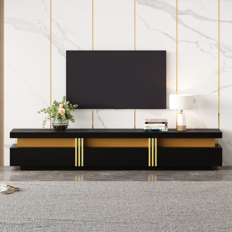 Meuble TV moderne 200cm - avec 3 tiroirs - effet marbre - Noir