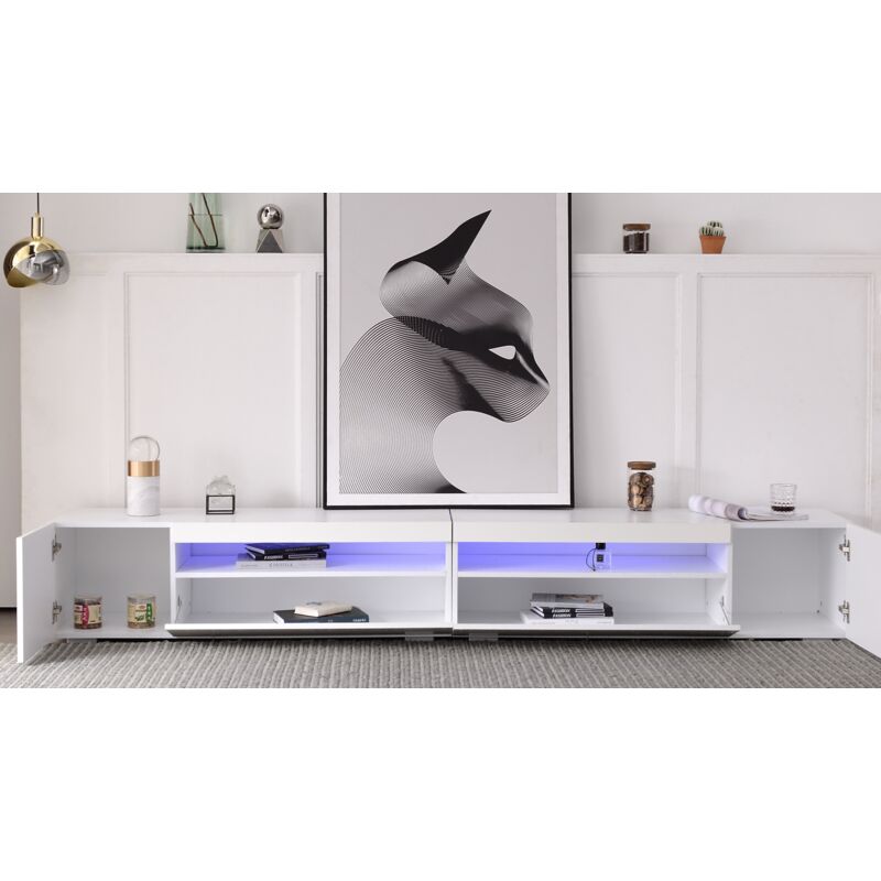 Meuble TV moderne 240 x 39 x 35 cm avec 4 portes et étagères de rangement, MDF, blanc