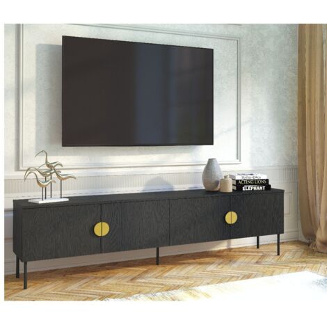 Meuble TV moderne 4 portes noir et or 200cm DIMITRI