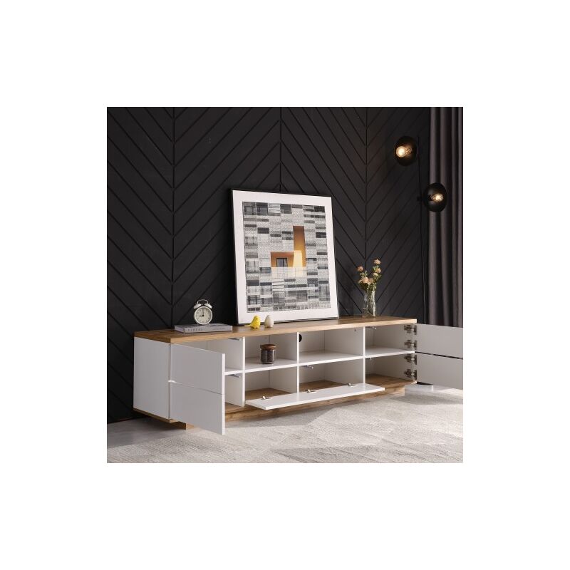 Ohjijinn - Meuble tv moderne à blocage de couleur, finition brillante, avec grain de bois, 180 cm