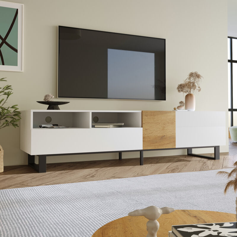 Meuble tv moderne, aspect blanc et bois, 180 x 50 x 38 cm, design minimaliste