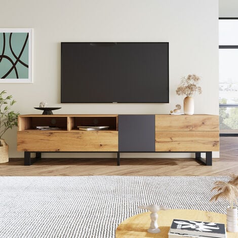 Meuble TV moderne aux couleurs contrastées avec grain de bois 180 cm OKWISH