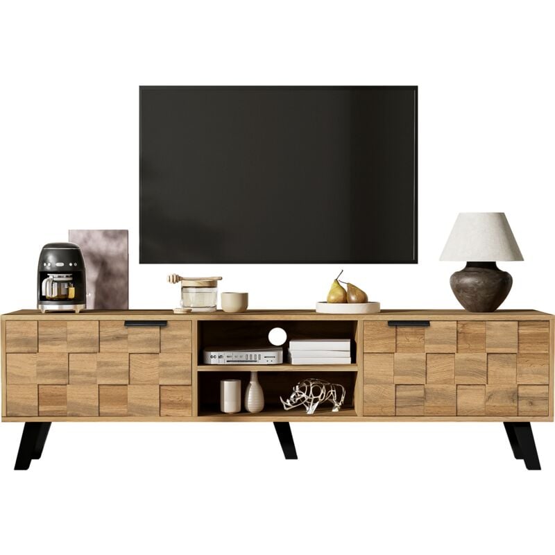 Meuble tv moderne avec 2 portes et 2 compartiments ouverts - 160,5 x 35,5 x 45 cm