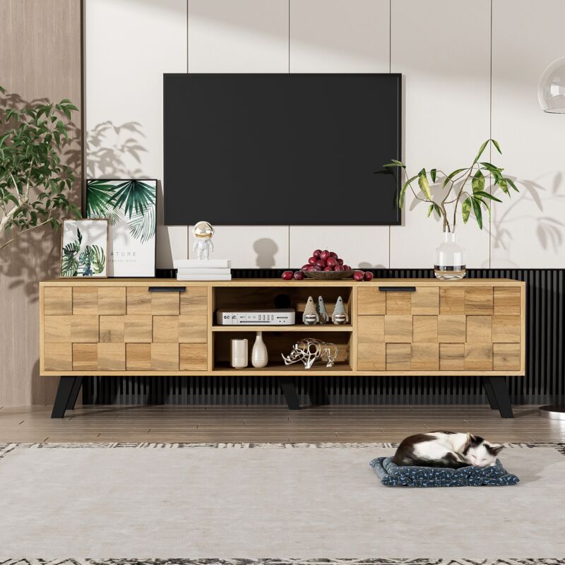 Modernluxe - Meuble tv moderne - avec 2 portes et 2 compartiments ouverts - Naturel