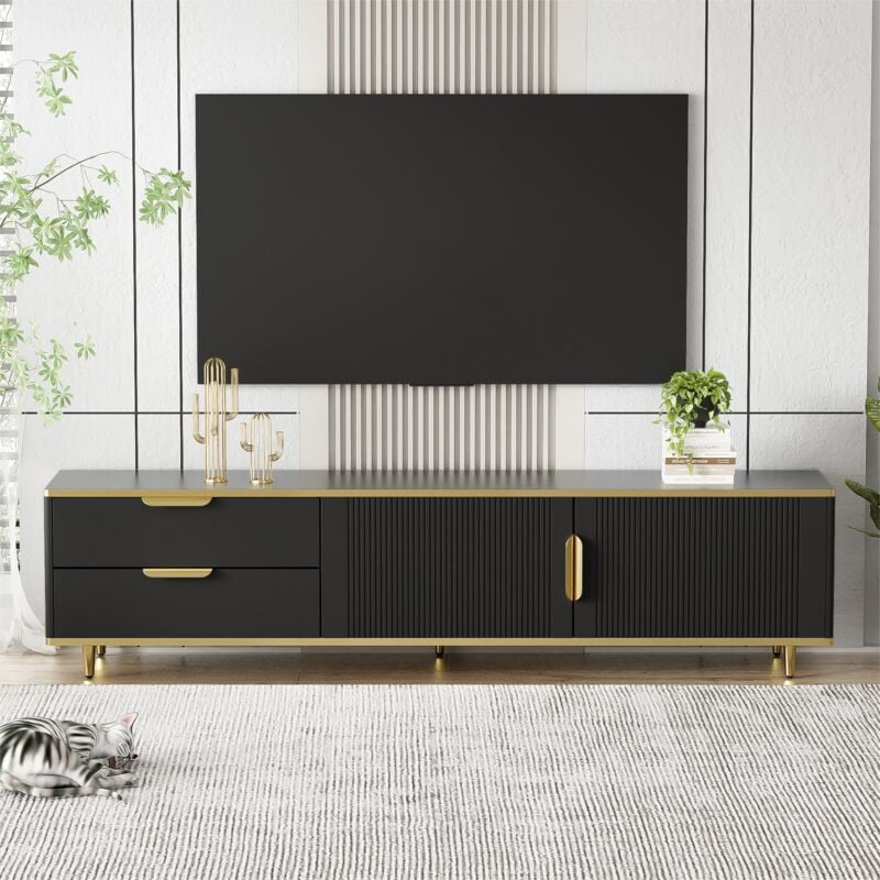 Meuble tv moderne - avec 2 portes et 2 tiroirs - pieds en métal - Noir