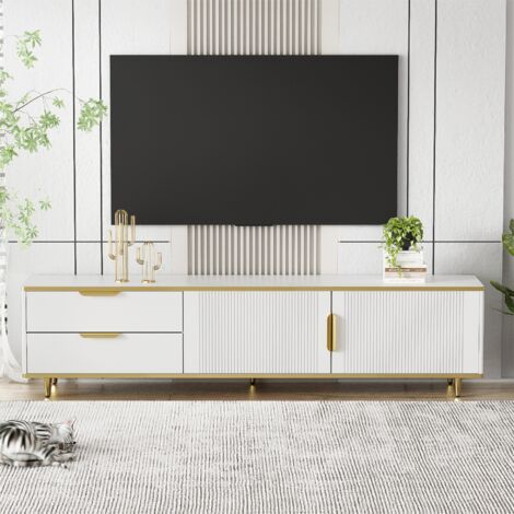 Meuble TV moderne - avec 2 portes et 2 tiroirs - pieds en métal - Blanc