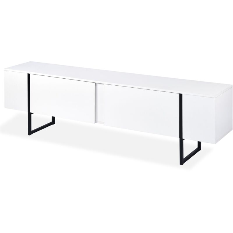 Cotecosy - Meuble tv moderne avec 2 portes Valmain L180cm Blanc et Métal Noir