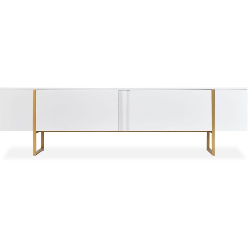 Cotecosy - Meuble tv moderne avec 2 portes Valmain L180cm Blanc et Métal Or