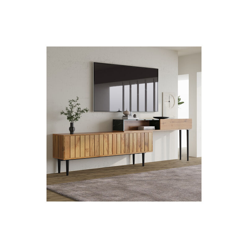 Meuble TV moderne avec design de grain de bois en marbre, bords en PVC, pieds en fer, grain de bois foncé, décoration intérieure, économie d'espace,