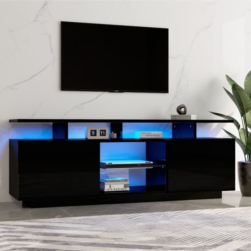 Wishdor - Meuble tv noir moderne, Meuble tv led de 16 couleurs, compartiment en verre