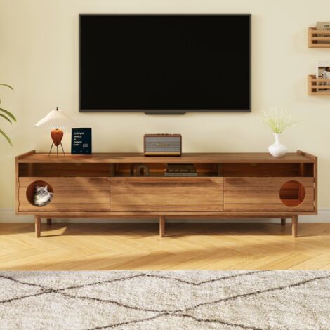 Meuble TV moderne avec éclairage LED intégré - Plateau de repos pour chats - Portes en verre trempé - 1 tiroir - 180x40x50 cm Noyer