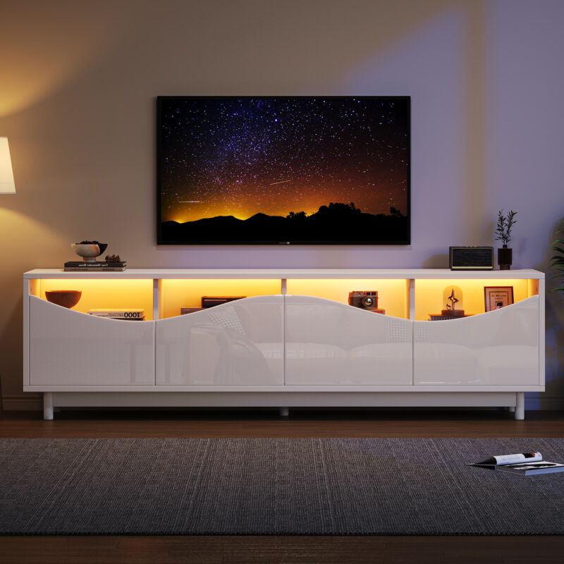 Meuble tv moderne avec éclairage led, porte en verre trempé, table de salon pour tv 40-49 pouces, mdf, blanc, 175x38x51 cm