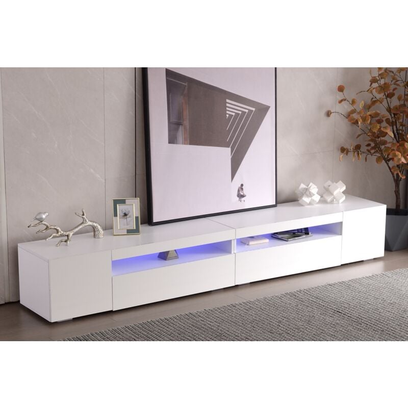 Meuble TV Moderne avec Eclairages LED Variables,Grand Armoire TV Basse Elégante,4 Portes,Blanc Brillant,240x39x35cm