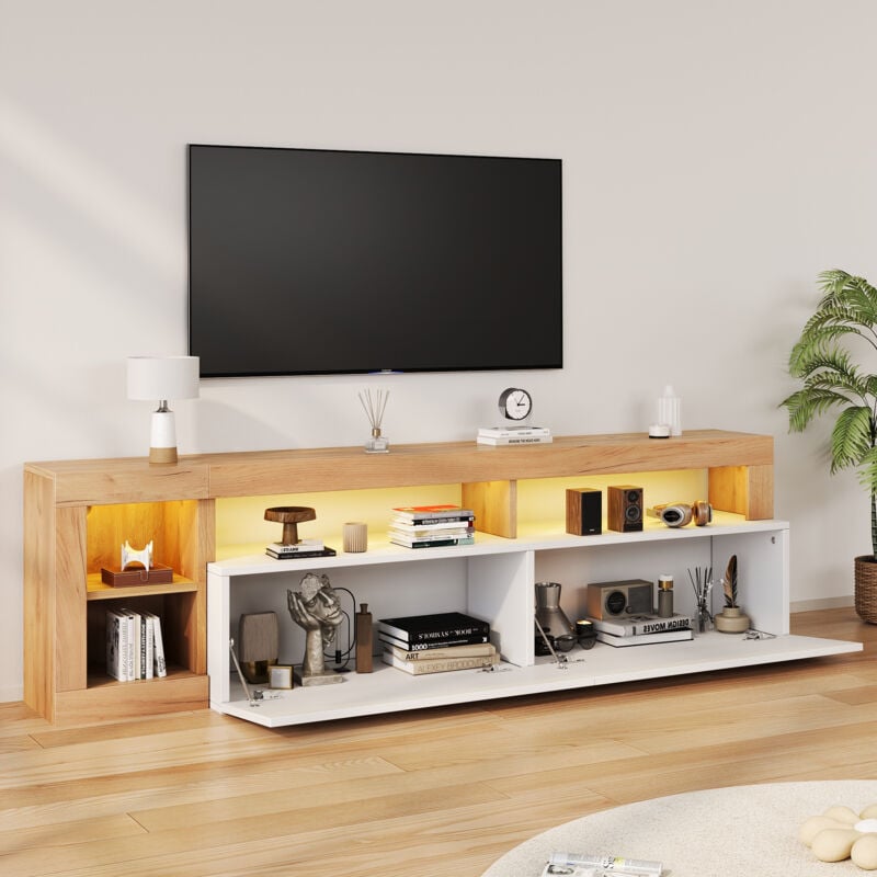 Hauss Spole - Meuble tv moderne avec led pour tv jusqu'à 80', Étagères de rangement ouvertes, chambre/salon, cadre en bois, blanc+naturel