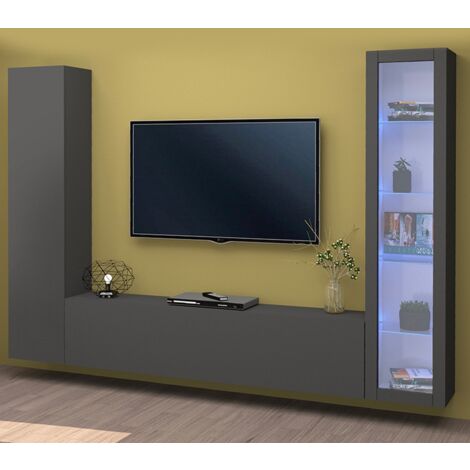 Woud AP Meuble TV mural moderne en bois et meuble vitrine noir