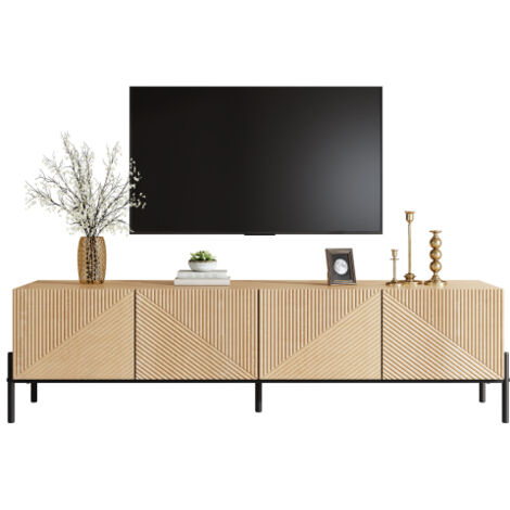 Meuble TV moderne / Banc TV, 4 portes de rangement, design géométrique, texture 3D, mobilier de salon moderne
