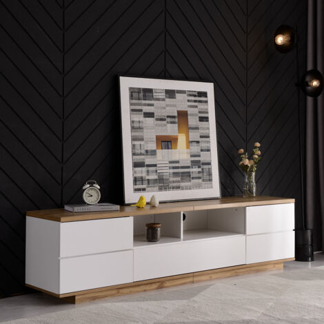 Meuble TV moderne bicolore blanc, finition bois, 180 cm