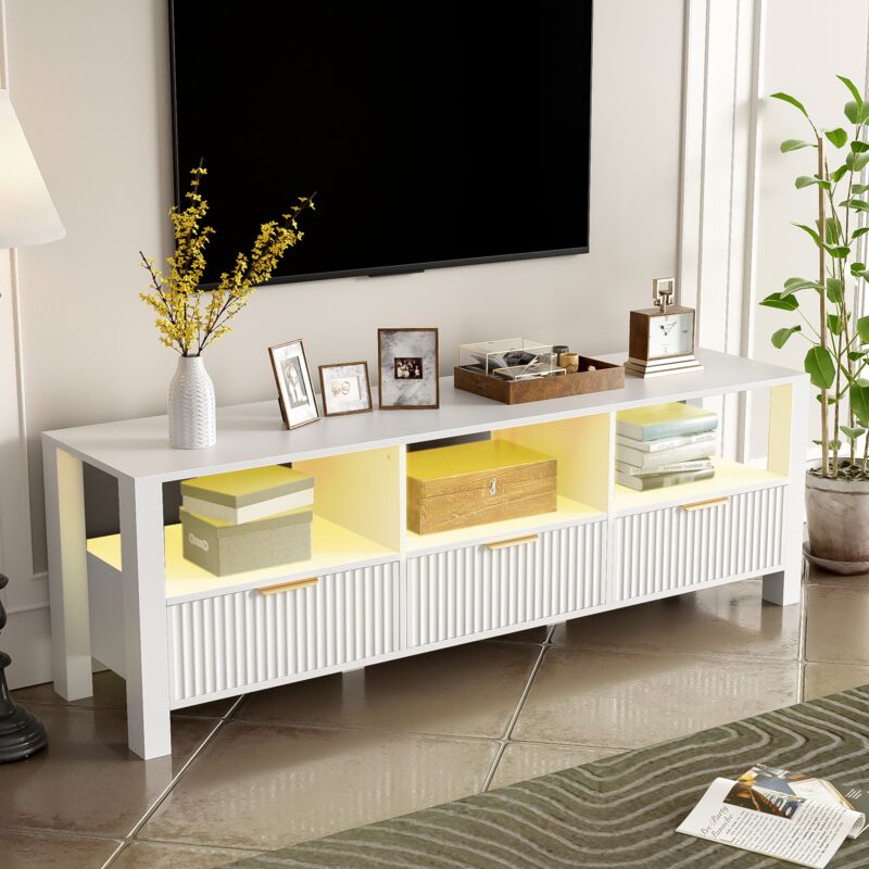 Tanant - Meuble tv moderne blanc 152cm avec 3 tiroirs de rangement et 3 cloisons, avec éclairage led, poignées dorées, adapté pour salon, Meuble Télé