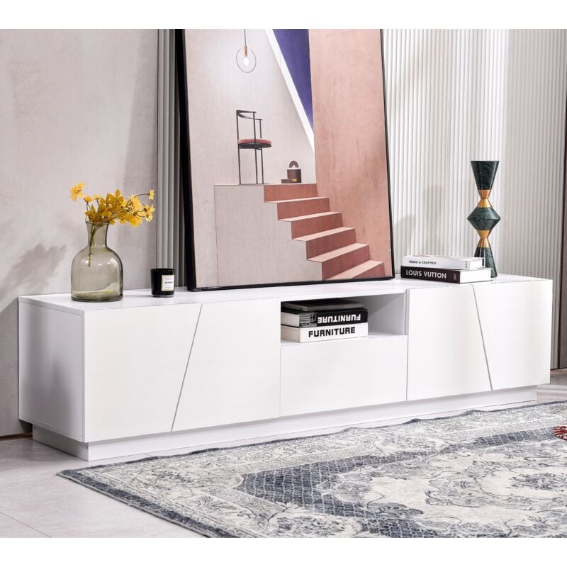Meuble tv moderne blanc 170cm avec 1 tiroir,Diagonales style patchwork,4 Portes + 2 grands compartiments de rangement