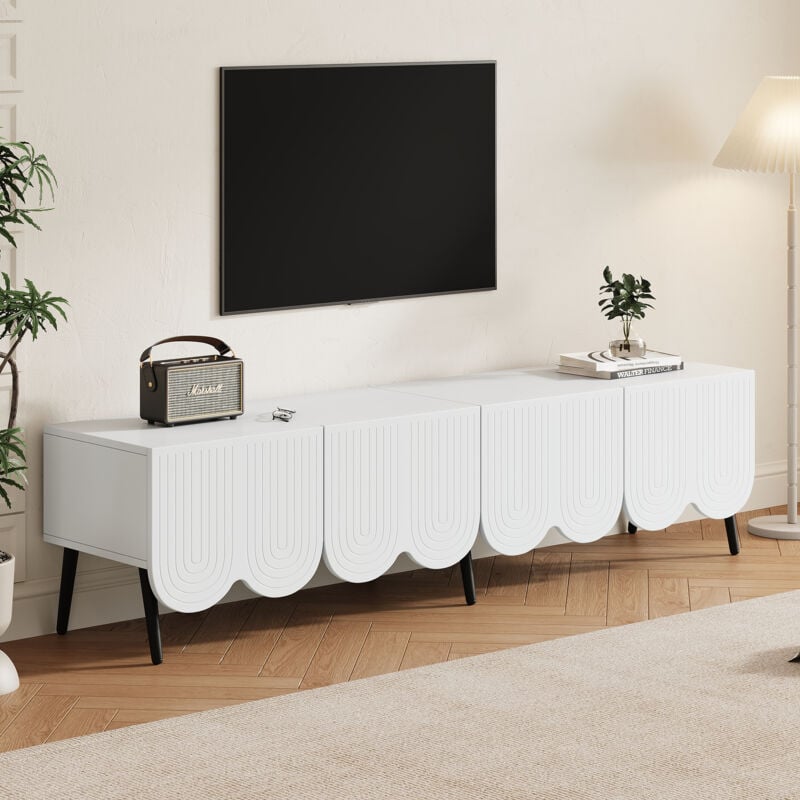 Meuble tv moderne blanc avec motif unique - 180 x 40 x 45 cm, pour téléviseur jusqu'à 80 pouces, deux portes et passe-câbles