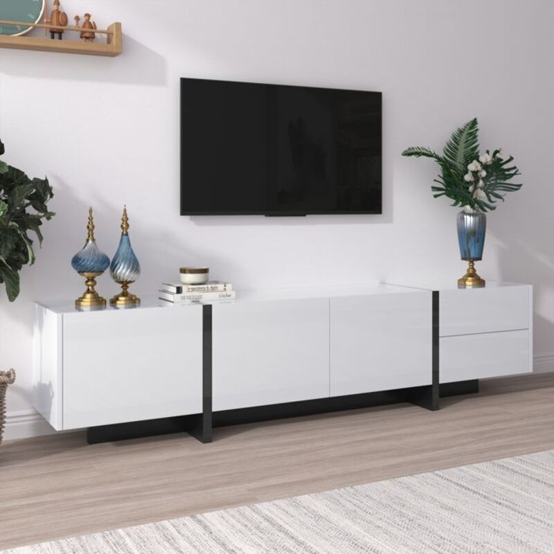 Meuble TV moderne blanc brillant et noir, Meuble TV bas, 3 portes, 2 tiroirs, meuble de salon, 190 x 35 x 45 cm