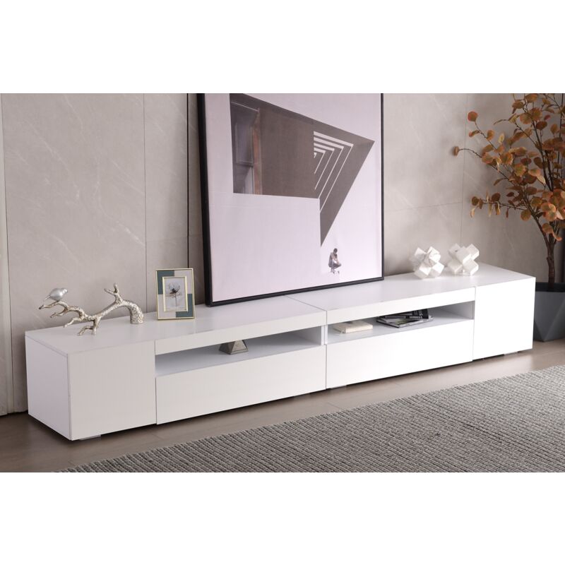 Redom - Meuble tv moderne blanc, panneau lumineux, éclairage led variable, salon et salle à manger 240cm (panneau brillant, pas brillant)
