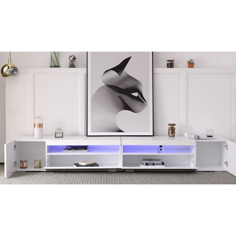 Meuble tv moderne blanc, éclairage led variable, mdf, 240 x 39 x 35 cm (panneau brillant, pas brillant)