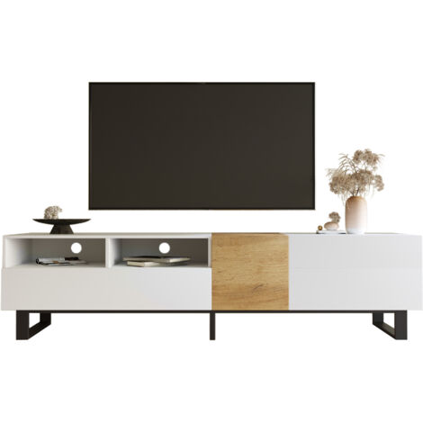Meuble TV Moderne, Blanc Et Effet Bois, 180 X 50 X 38 Cm, Design Minimaliste