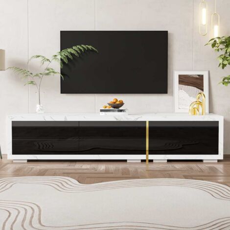 Meuble TV moderne blanc, finition marbre noir, blanc brillant et doré, fonction rotative