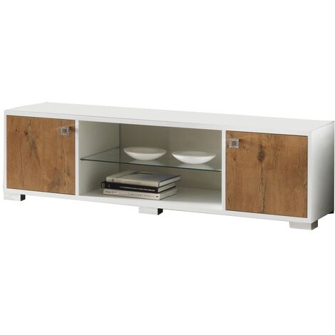 Meuble TV moderne bois Oak et blanc brillant Sting 160cm