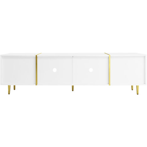 Meuble TV moderne, brillant et élégant, design 4 portes, 170x35x46cm, blanc-or