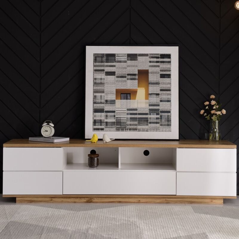 Eifson - Meuble tv moderne color block 180 cm, avec cinq portes et deux cloisons ouvertes, design simple couleur unie imitation bois, adapté pour