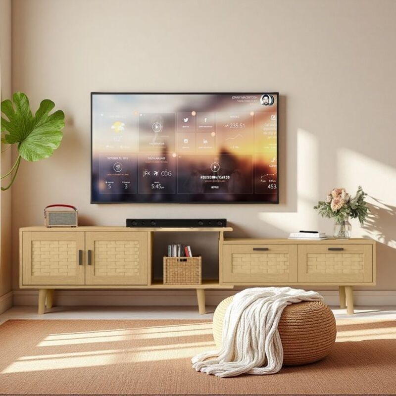 Meuble TV - Extensible 146-180cm - Chêne Clair - Tressé - Design Moderne Minimaliste