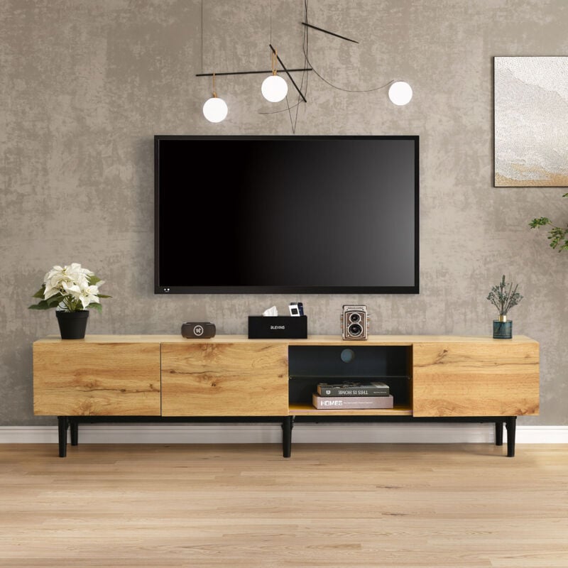 Neche - Meuble tv Moderne en grain de bois avec LED,Meuble Télé avec 5 compartiments de rangement,175 x 31 x 41cm