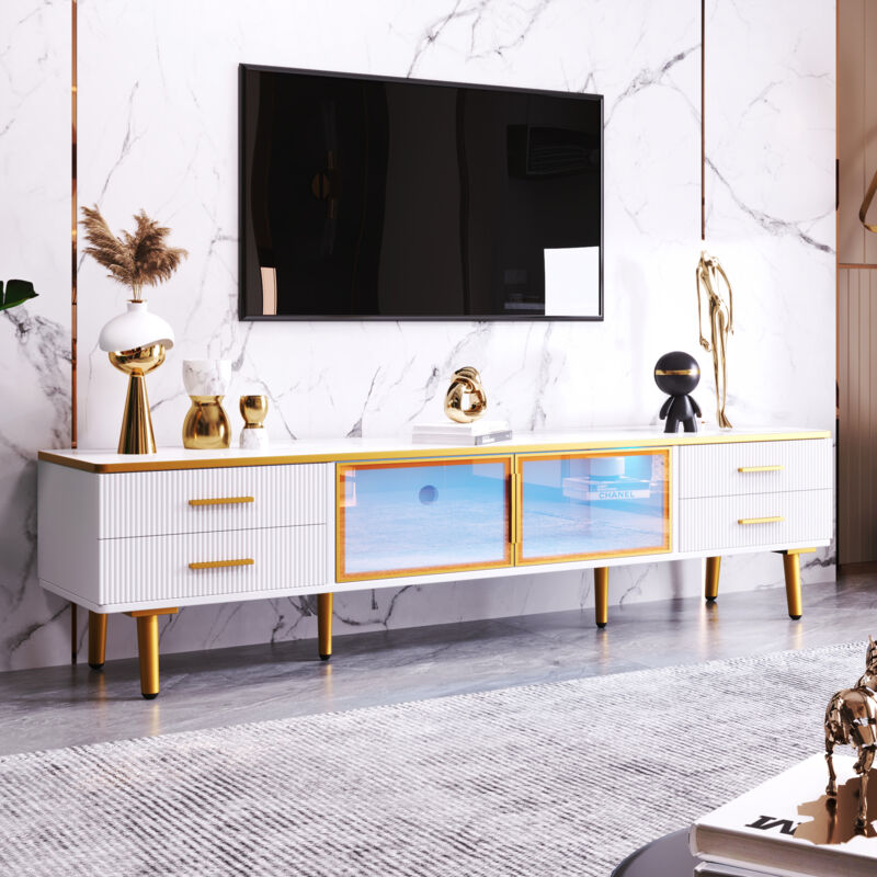 Keepbuying - Meuble tv Moderne en Marbre,4 Pieds,Tiroirs Poignées Dorées,Portes en Verre Trempé Marron,Meuble tv Bas pr Salon,170x37x47.5cm