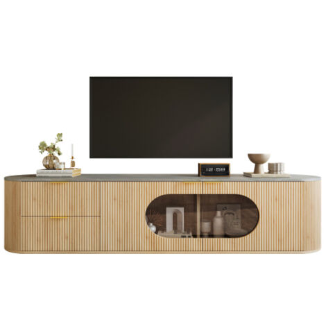 Meuble TV moderne et minimaliste aspect bois, portes à rayures 3D verticales, vitrine ovale en verre gris, rangements modulables, meuble de salon