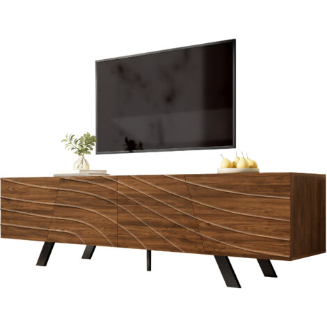 Meuble TV moderne façade ondulée 160×39×50,5 cm plateau noyer pieds fer noir,gestion câbles grand rangement.