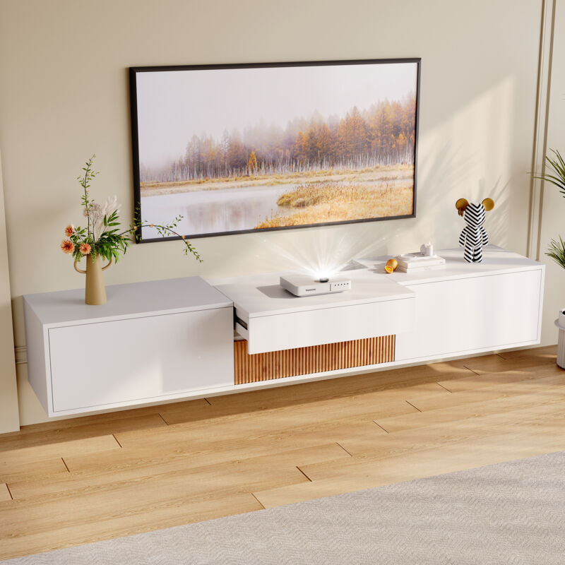 Meuble TV moderne intégré et extensible peut être fixé au mur ou posé au sol 180x34x30 cm blanc