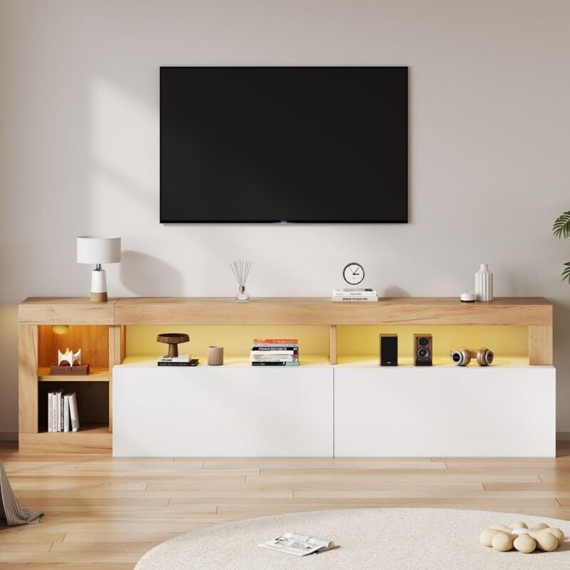 Meuble tv moderne led 184cm pour télé 80'-Espace de rangement ouvert,Cadre en bois,Porte d'armoire blanc,Pour salon chambre