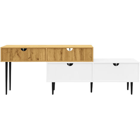 Meuble TV Moderne, Longueur Ajustable, Design Modulaire 2 Pièces, Effet Bois Et Blanc Mat