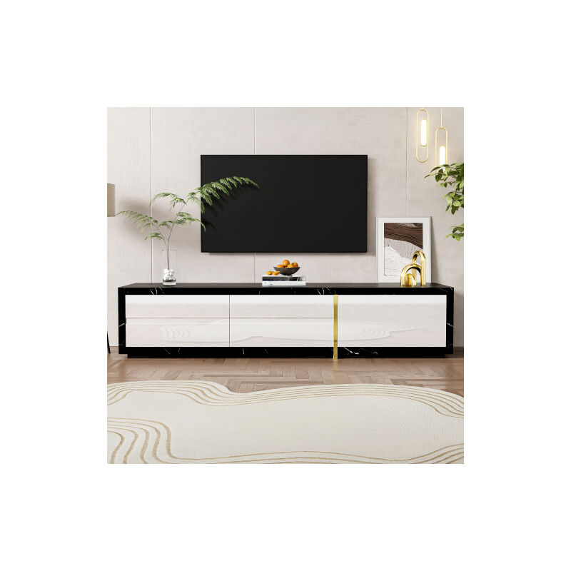 Meuble TV moderne, longueur variable (140 - 260cm), fonction rotative, aspect marbre noir, finition mate haute brillance blanche et finition dorée