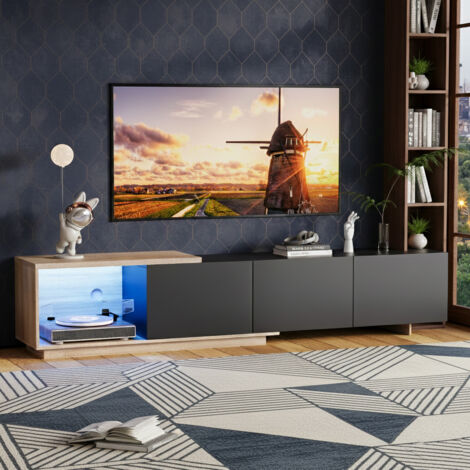 Meuble TV Moderne, Meuble TV LED Extensible Support pour Téléviseur 75 Pouces, Banc TV Meubles Télé pour téléviseur avec 3 tiroirs et Espace de Stockage Ouvert pour Salon, Noir