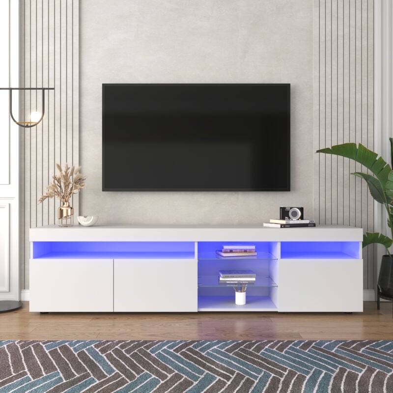 Meuble TV blanc brillant, meuble de rangment avec éclairage LED variable pour salon et salle à manger, 180x35x45 cm