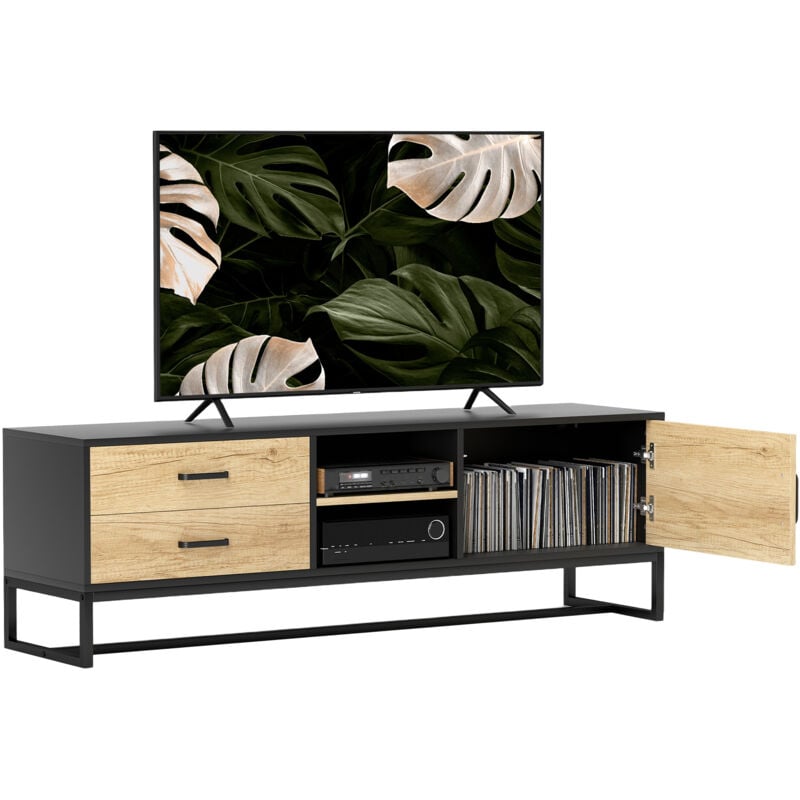 Meuble tv moderne - porte, étagère, 2 tiroirs, 2 niches - acier noir effet bois