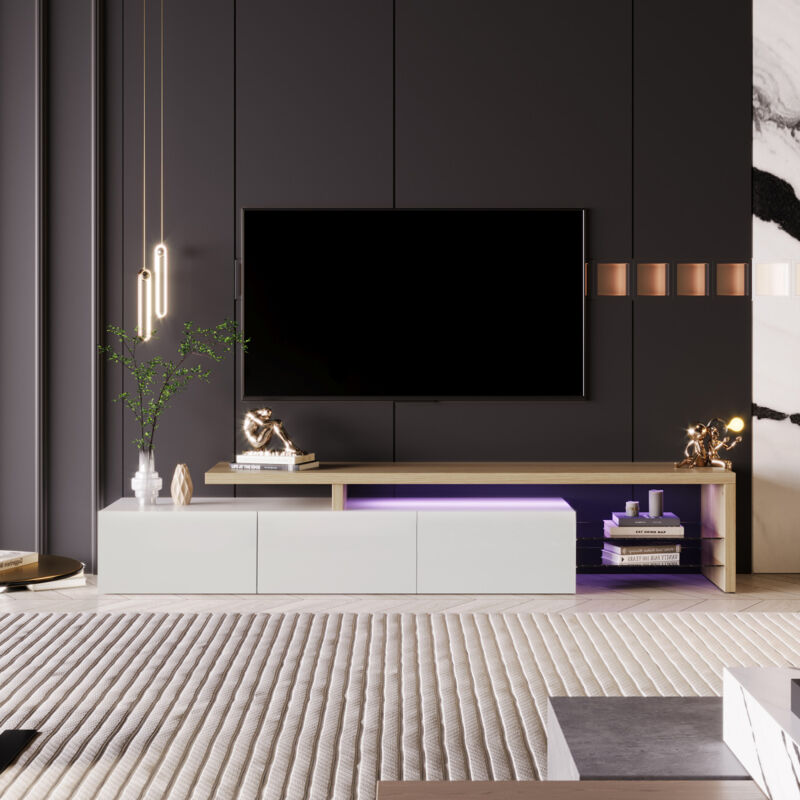 Rosahqnda - Meuble tv moderne, supports tv, table tv lowboard, design asymétrique, éclairage led, grand espace de rangement, meuble tv brillant,